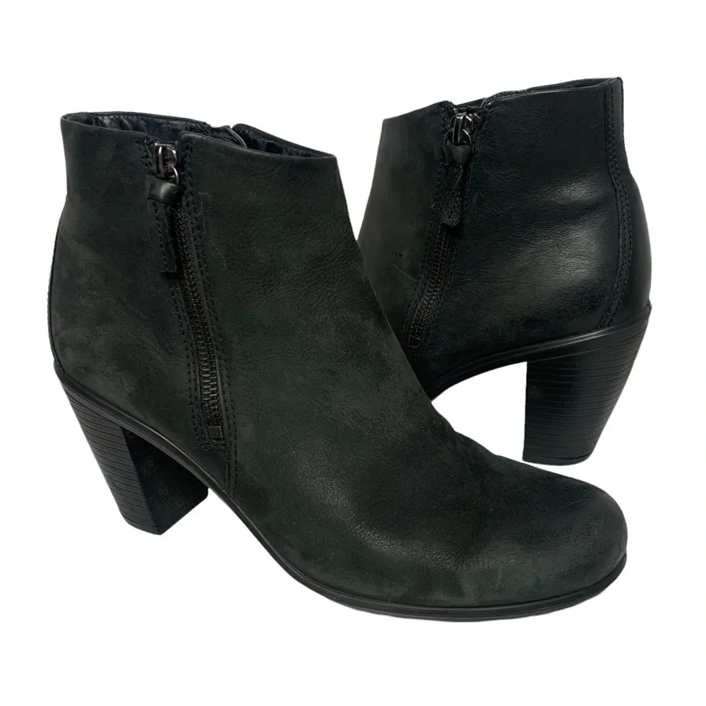 Ecco Touch Black Leather Side Zip Up Ankle Boots